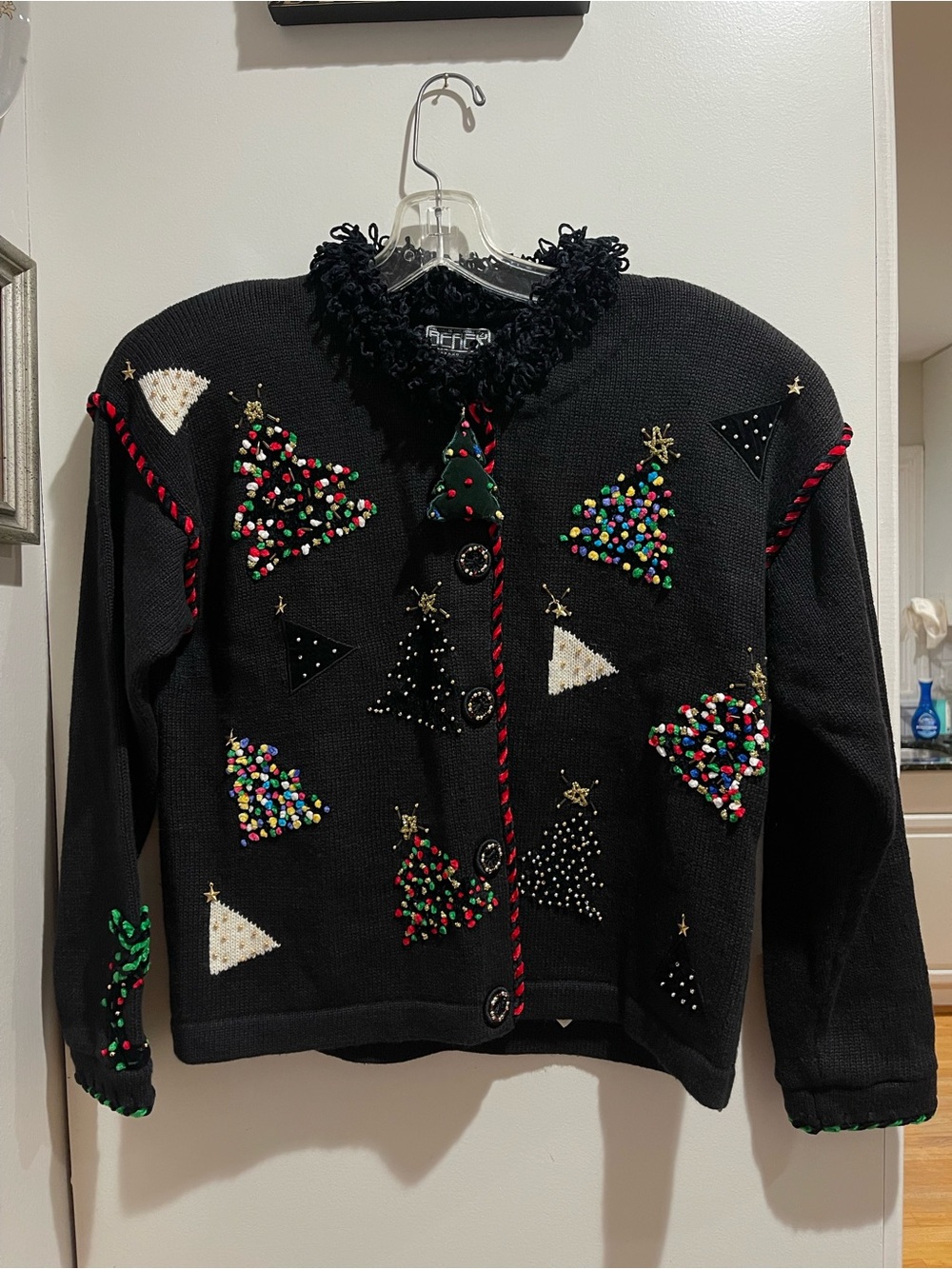 Vintage 90s Berek Takako Sakon Christmas Holiday Onit Cardigan Trees Black Small